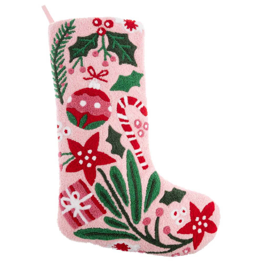 Decorative Christmas stocking with festive patterns on a white background