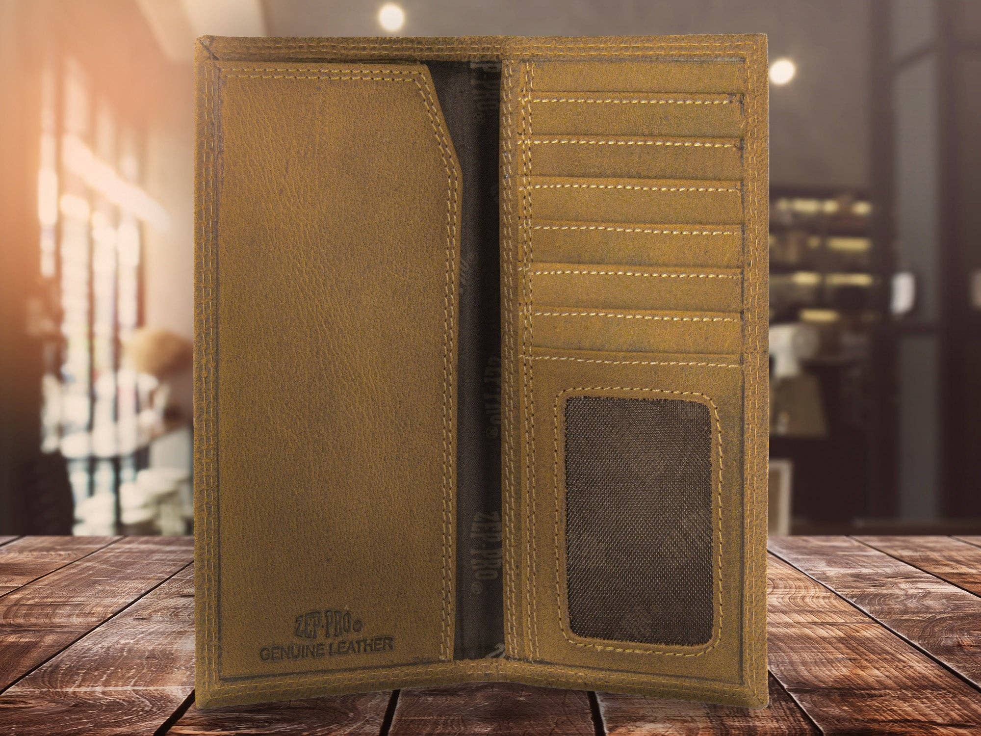 Brown leather wallet on a wooden surface with a blurred background