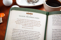 Open book with Revelation 20:12 text on a table with coffee and golf ball