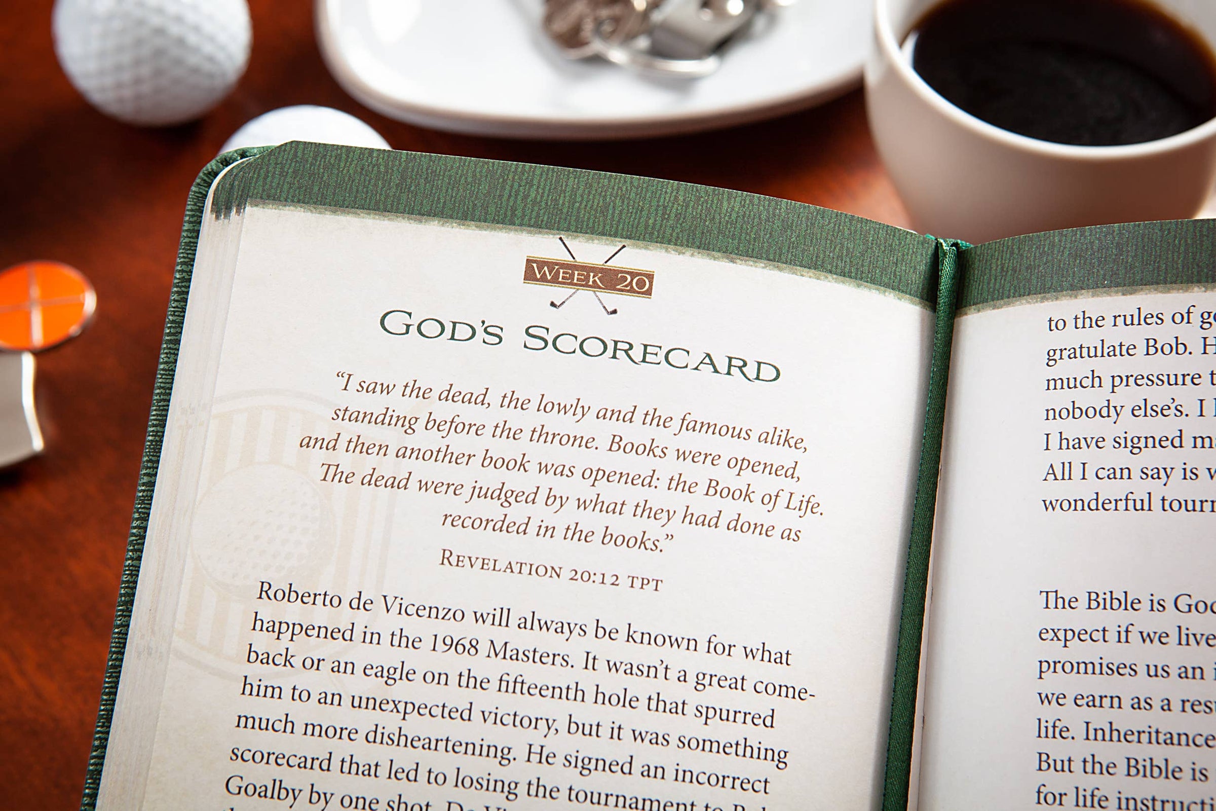 Open book with Revelation 20:12 text on a table with coffee and golf ball