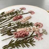 Embroidery hoop with floral embroidery on a white background