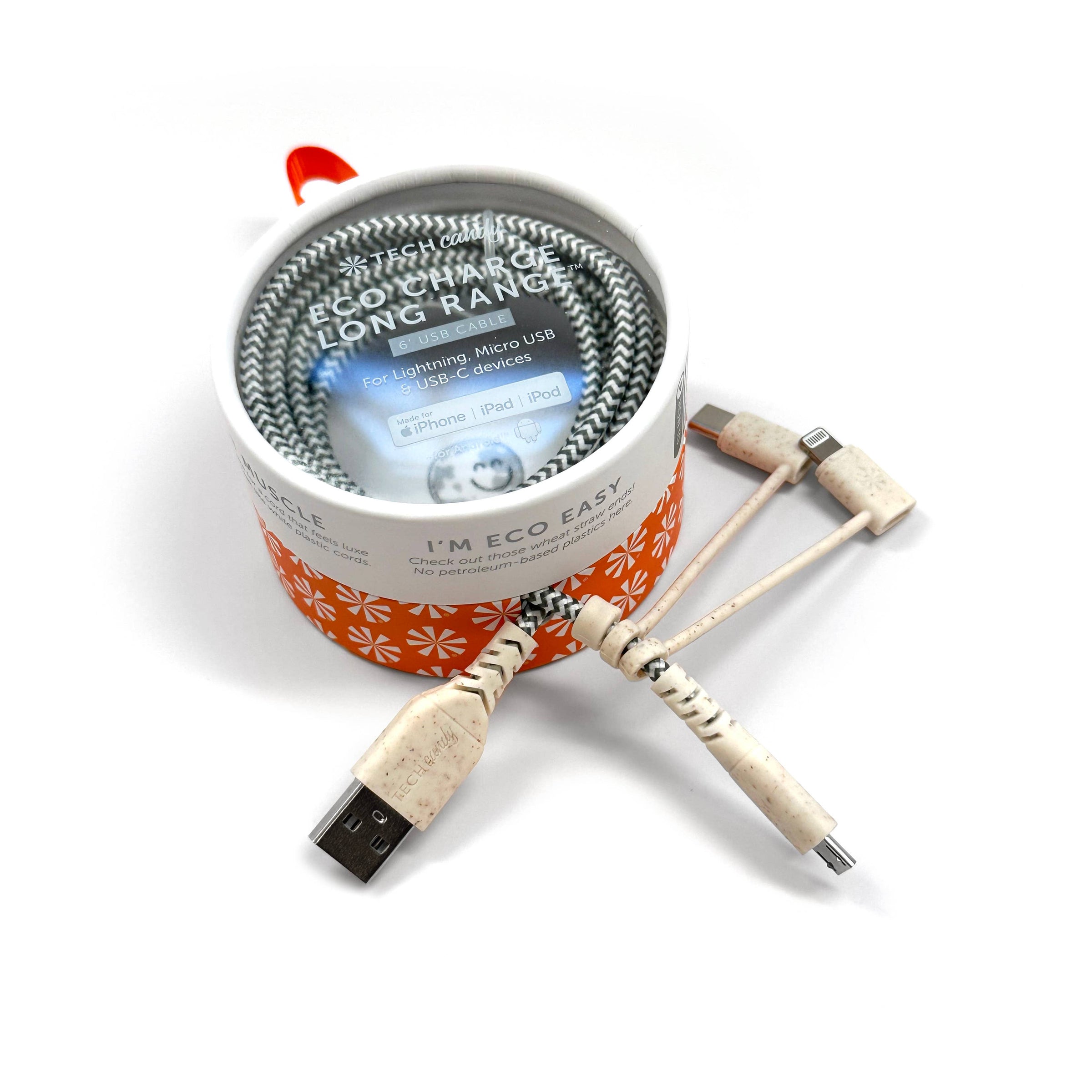 ECO CHARGE LONG RANGE™ 6’ WOVEN USB CABLE (3 Tip): ROSE/PINK