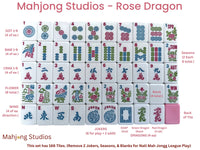 Collection of Mahjong tiles with various symbols and designs on a white background, branded as Mahjong Studios - Rose Dragon.