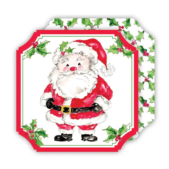 A square decorative Christmas print or card featuring a watercolor-style Santa Claus centered within a red border, surrounded by holly leaves and red berries on a white background.
