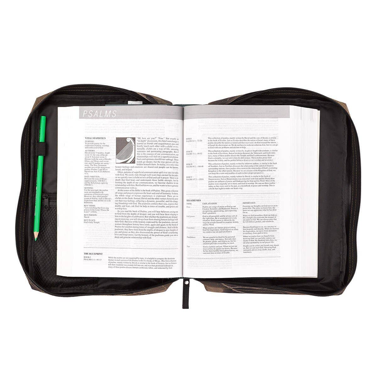Black zippered pouch with an open book inside on a white background