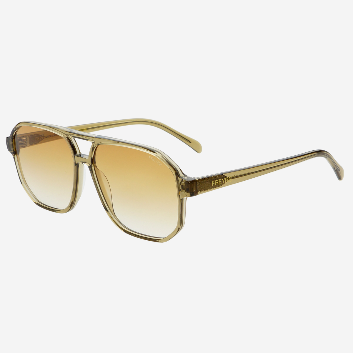 Gold-framed sunglasses with gradient lenses on a white background