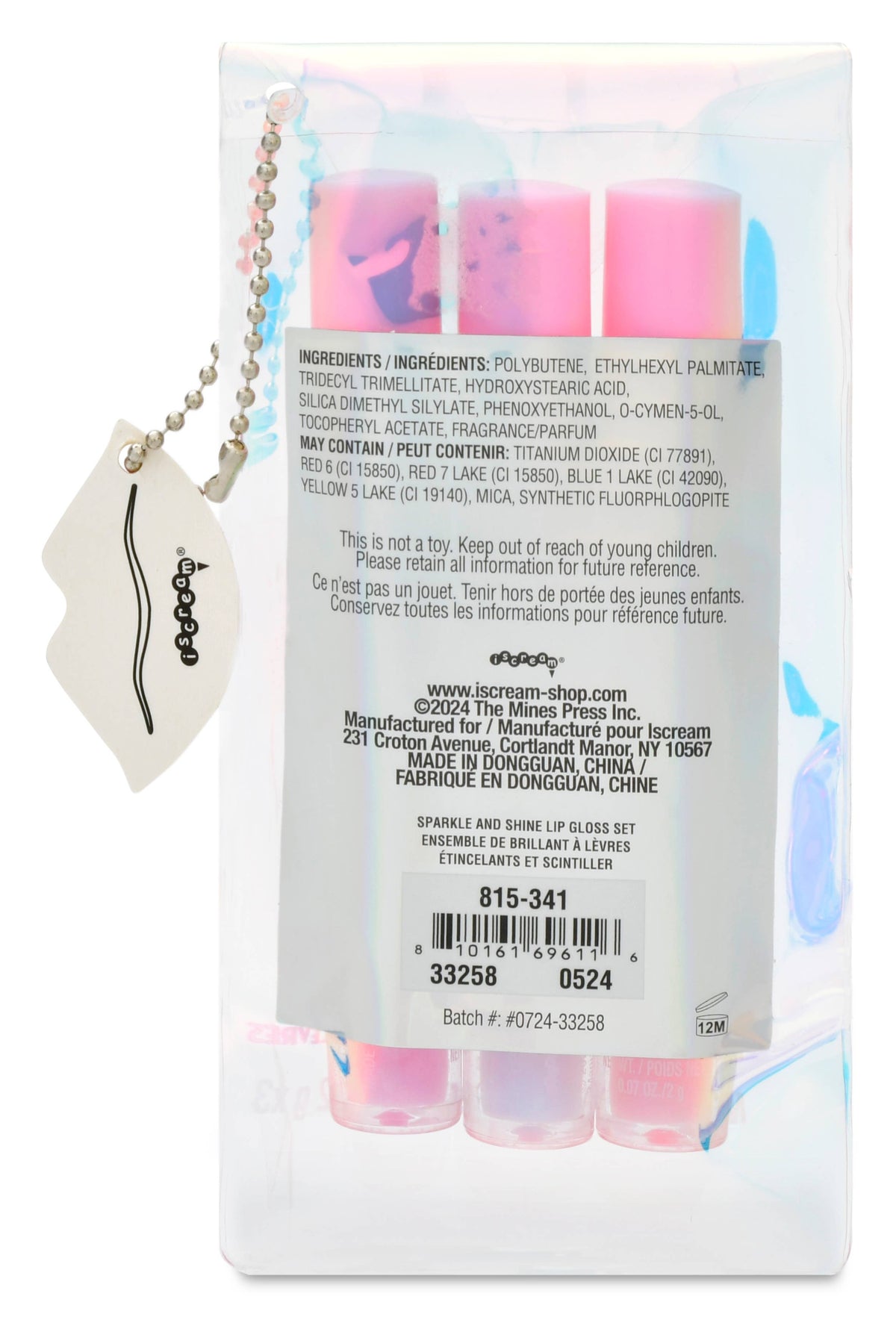 Picture of back of lip gloss case with instructions and ingredients. 