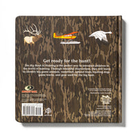 Back cover of a book with hunting-themed illustrations and text on a camouflage pattern.