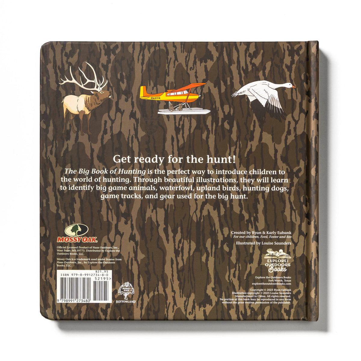 Back cover of a book with hunting-themed illustrations and text on a camouflage pattern.