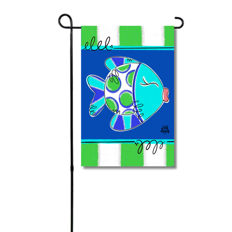 Decorative garden flag with a fish design on a blue background, featuring green and white stripes.