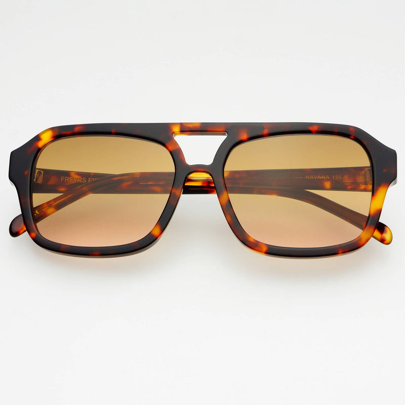 Sunglasses with tortoiseshell frame and brown lenses on a white background