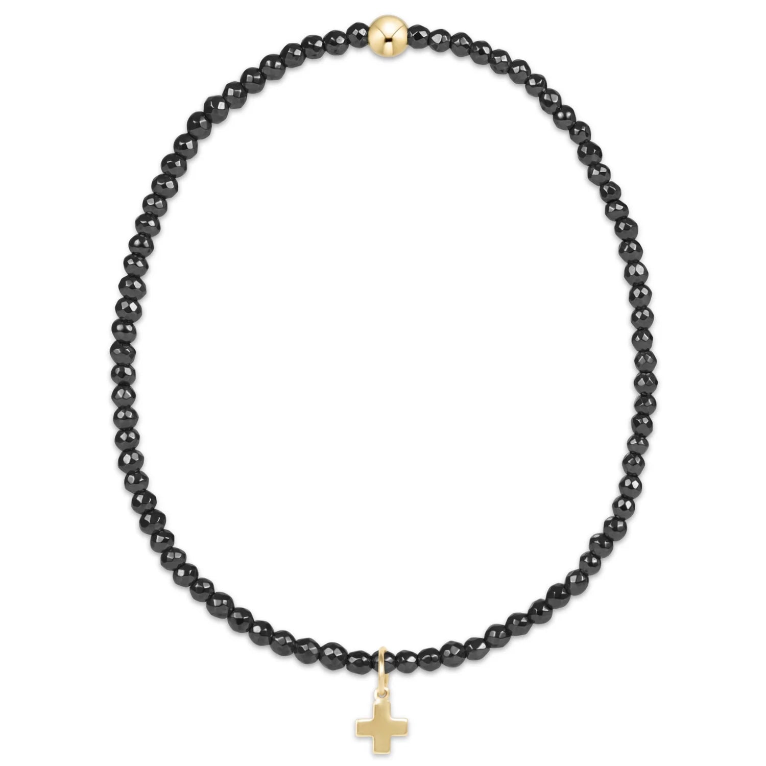 Faceted Hematite 2mm Bead Bracelet- Signature Cross Gold Charm
