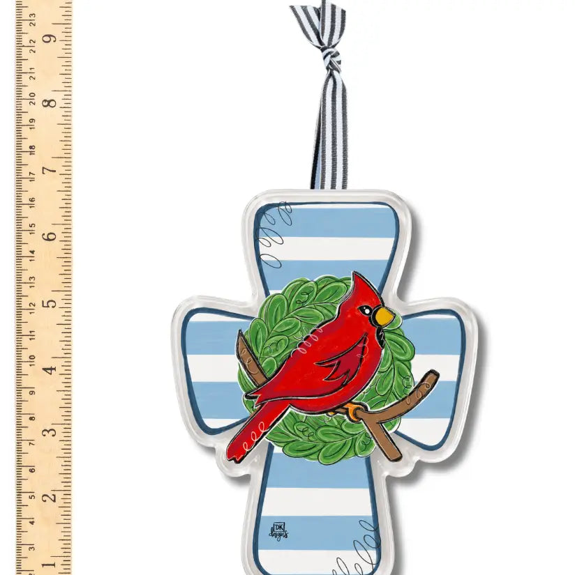 Blue And White Cardinal Cross Acrylic Ornament