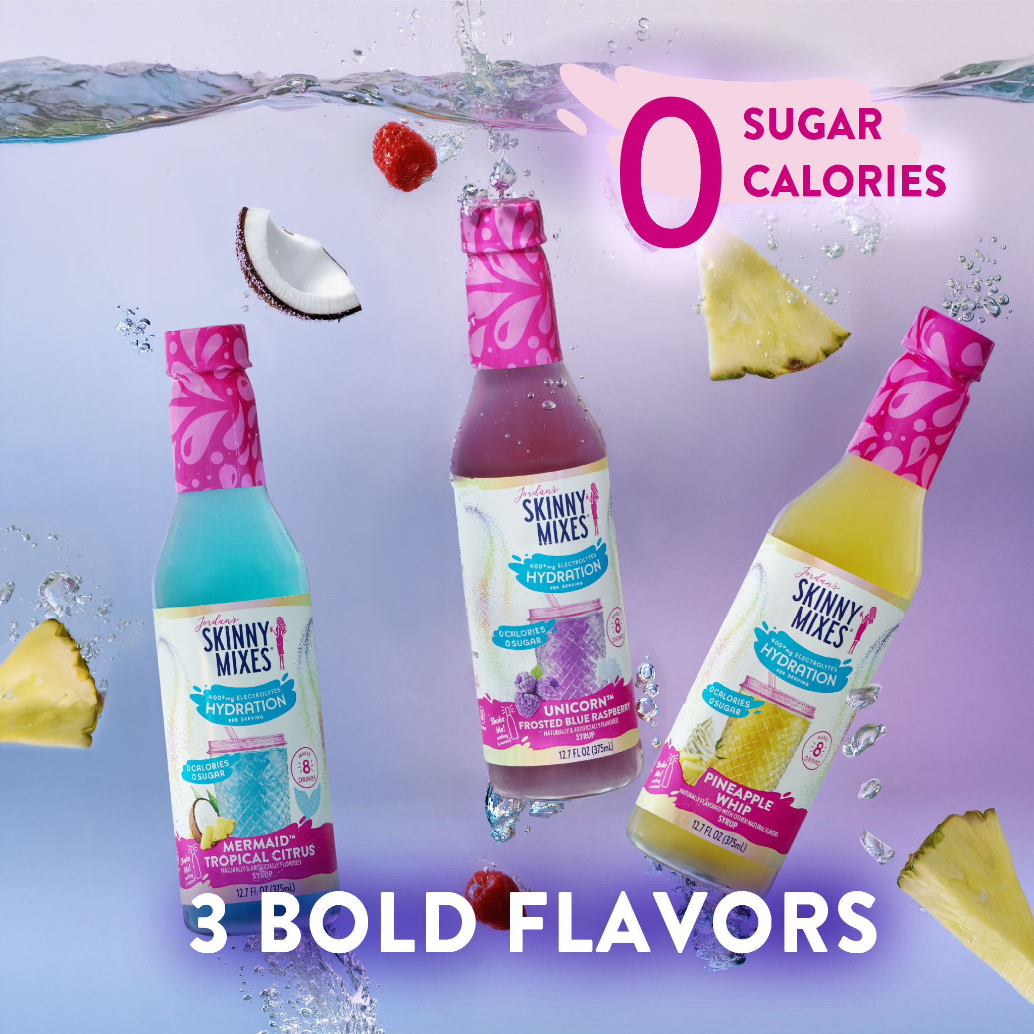 Three bottles of Skinny Mixes drinks with fruit slices and text highlighting zero sugar calories and bold flavors.
