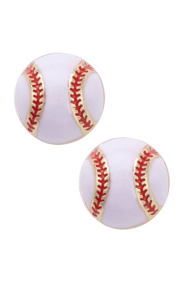 Baseball-shaped earrings with red stitching on a white background
