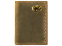 Brown leather wallet with a gold emblem on a white background