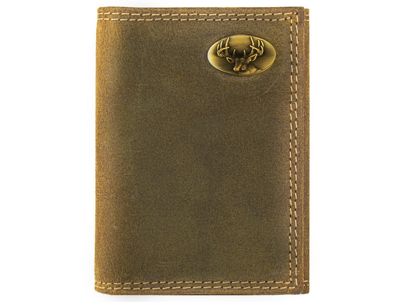Brown leather wallet with a gold emblem on a white background