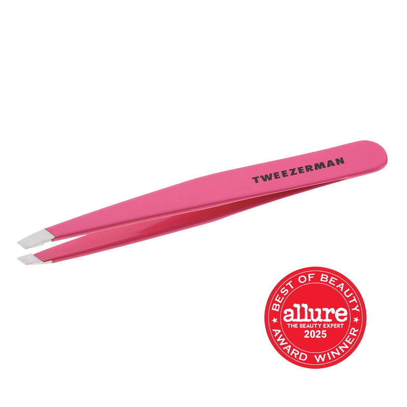 Pink tweezers with 'Tweezerman' branding and an 'Allure Best of Beauty 2025' award badge on a white background.