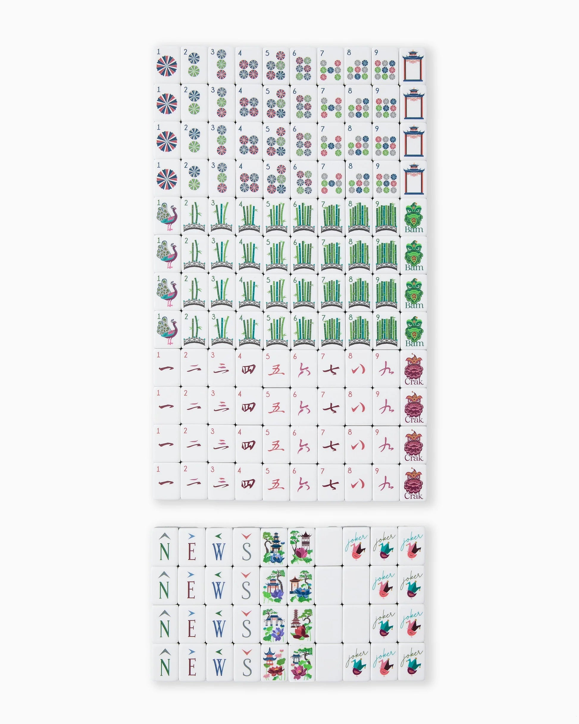 Set of colorful Mahjong Tiles with various designs on a white background