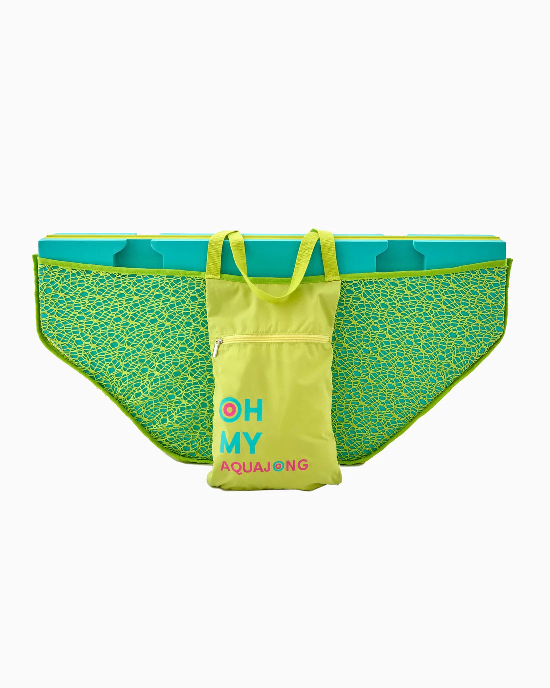 Green mesh bag with blue top and yellow pocket labeled 'OH MY AQUA JONG' on a white background