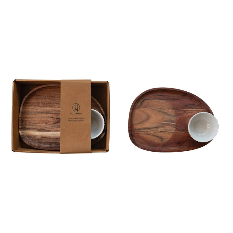 Wooden tray with a white bowl on a white background