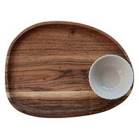 Wooden tray with a white ceramic bowl on a white background