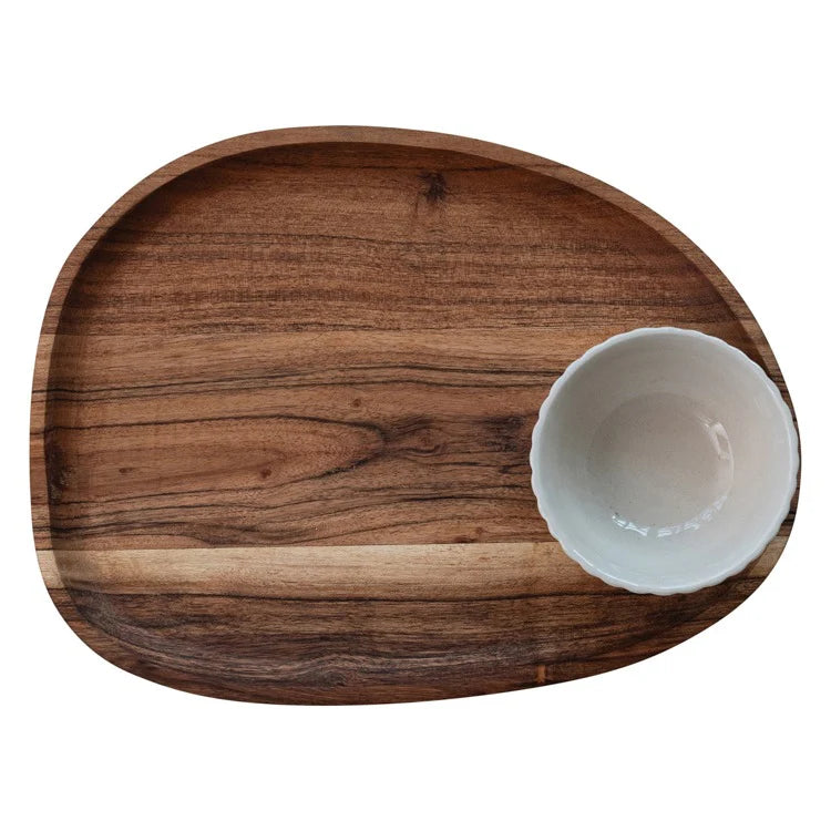 Wooden tray with a white ceramic bowl on a white background