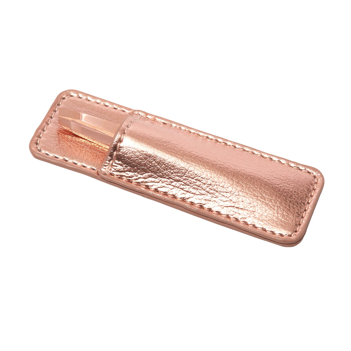 Rose gold tweezer case on a white background