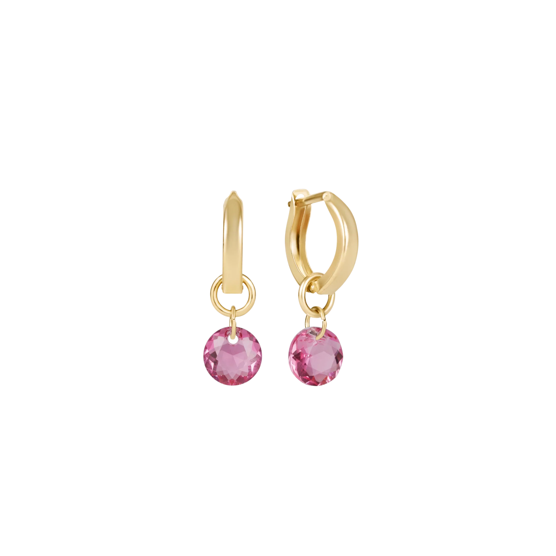 Gold hoop earrings with pink gemstones on a white background