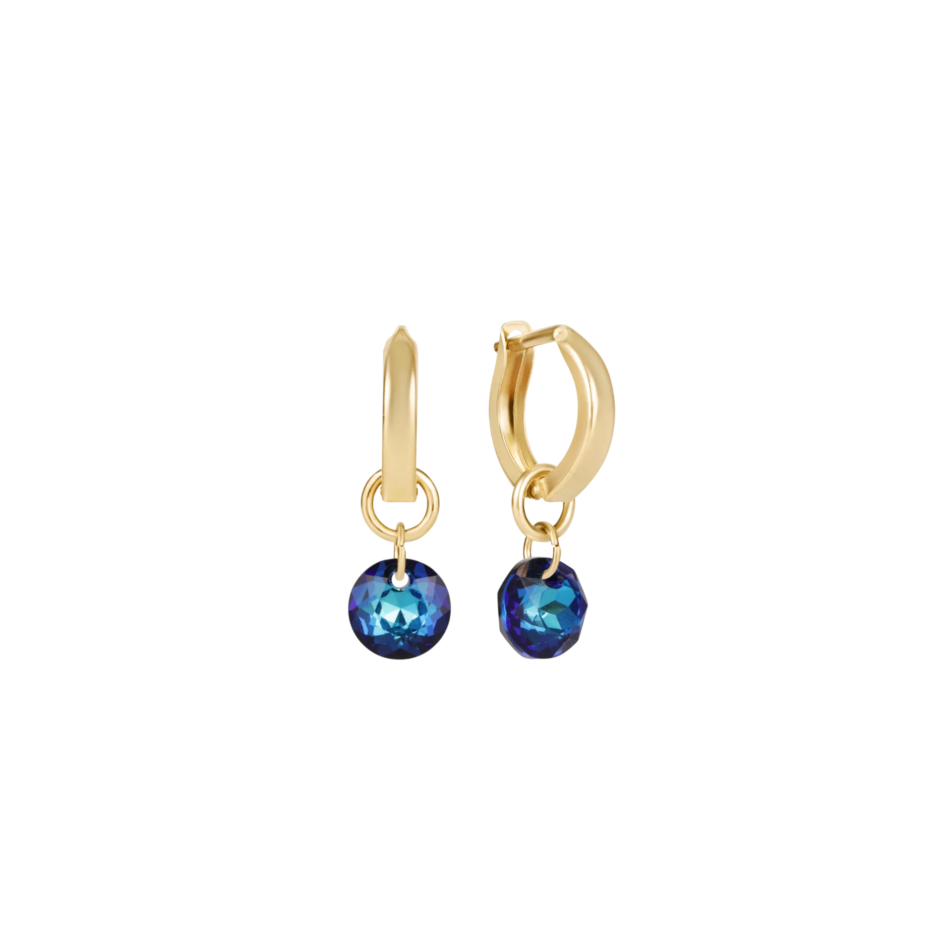 Gold hoop with blue gemstone charm