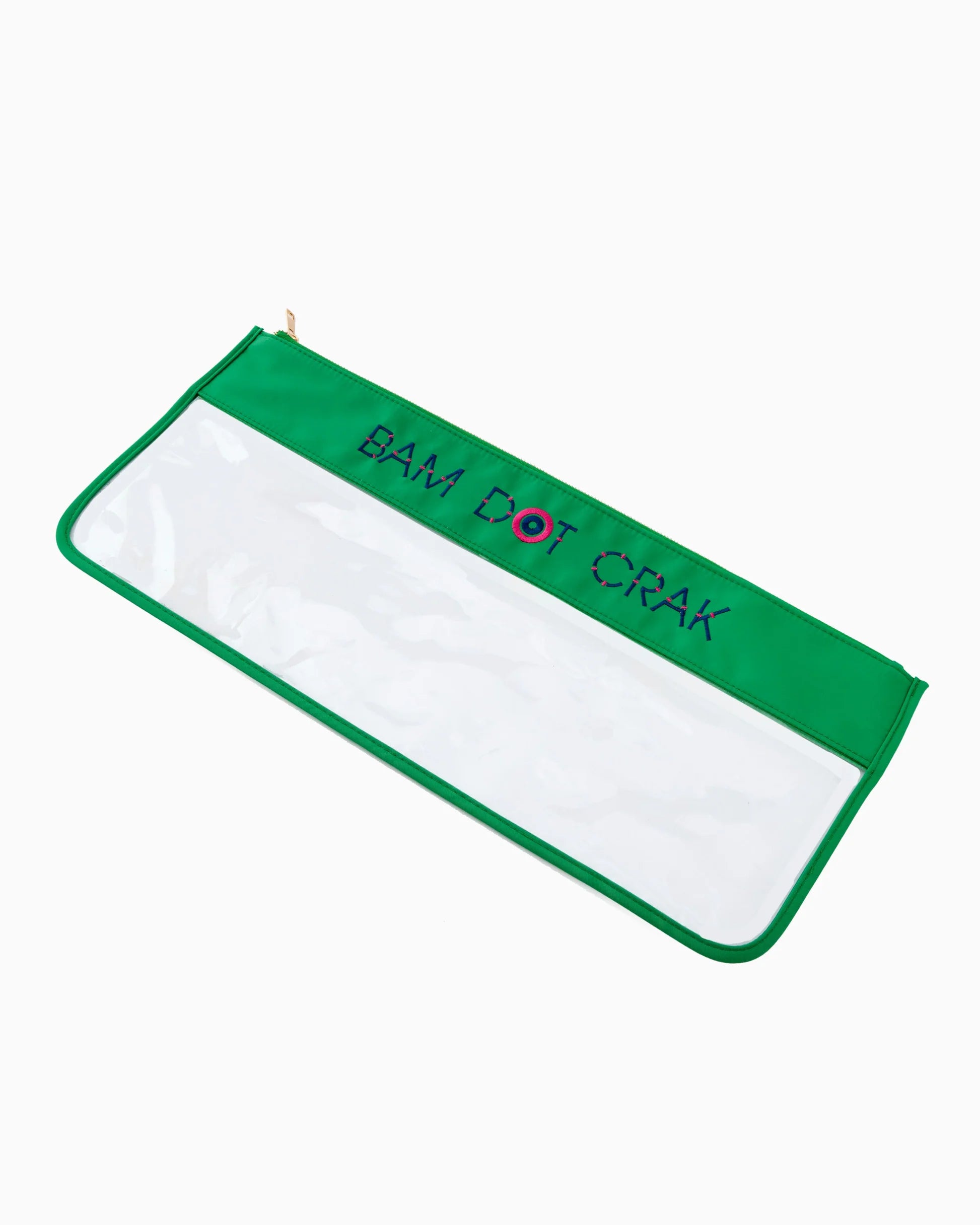 Green and white pouch with text on a white background