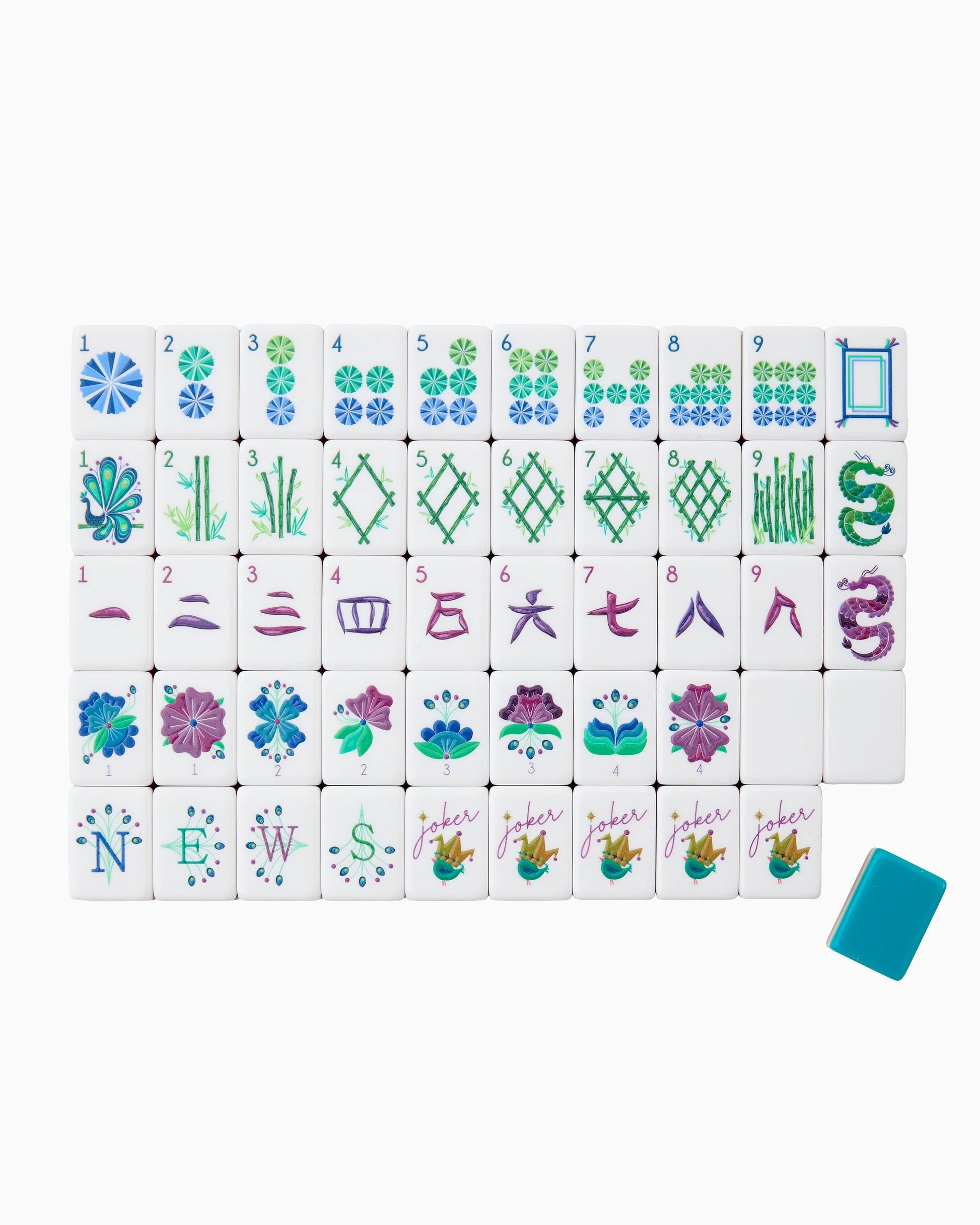Set of colorful Mahjong tiles with a blue tile on a white background