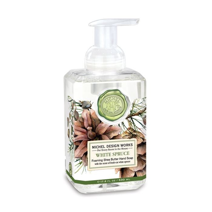 Foaming hand soap bottle with White Spruce fragrance by Michel Design Works on a white background