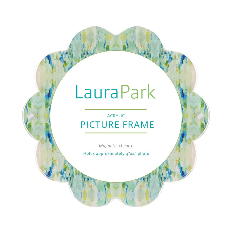 Laura Park acrylic picture frame with a scalloped edge, featuring a light blue, green, and yellow watercolor pattern on a white background.