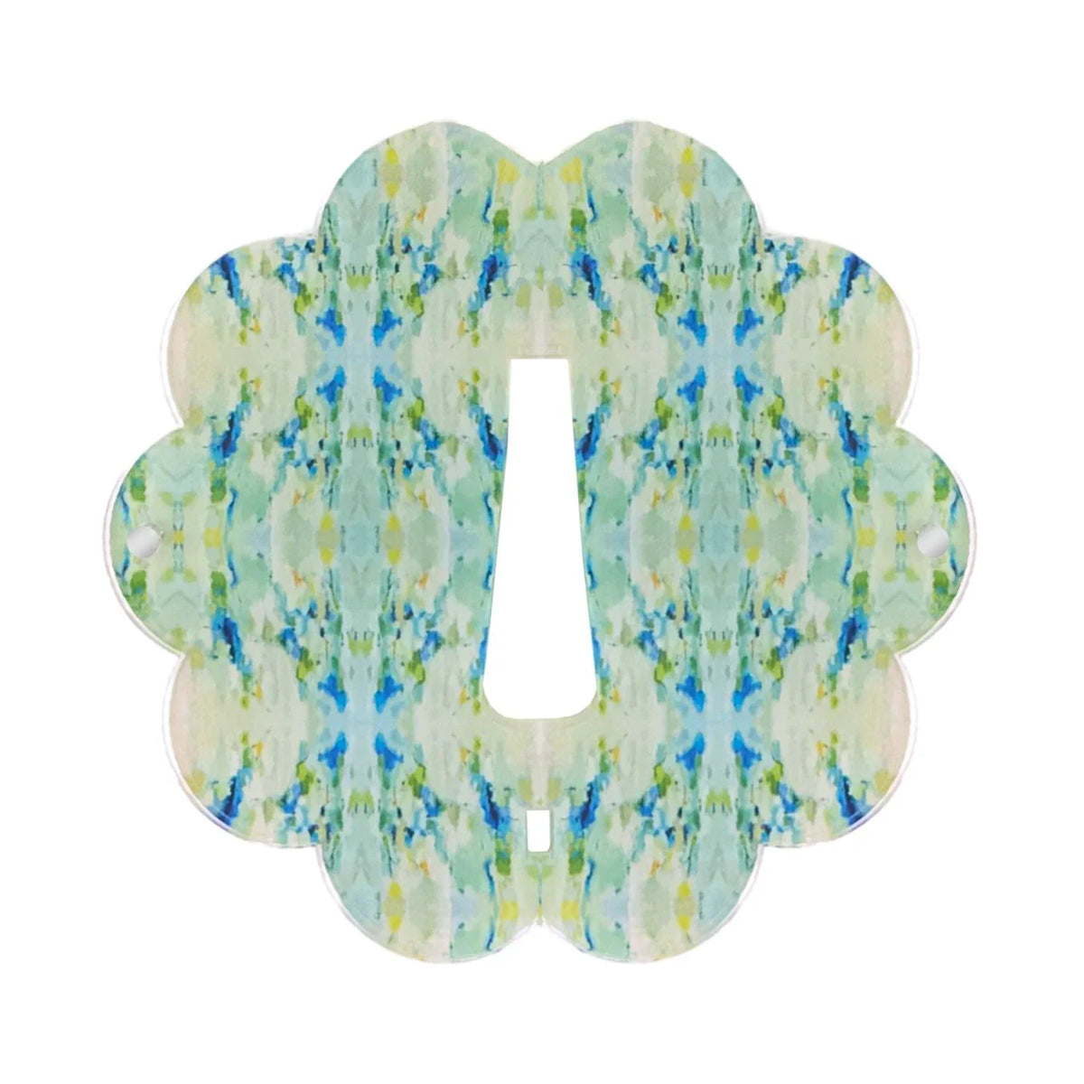 A scalloped acrylic key cover with a vertical keyhole cutout, featuring a symmetrical watercolor pattern in shades of blue, green, and cream.