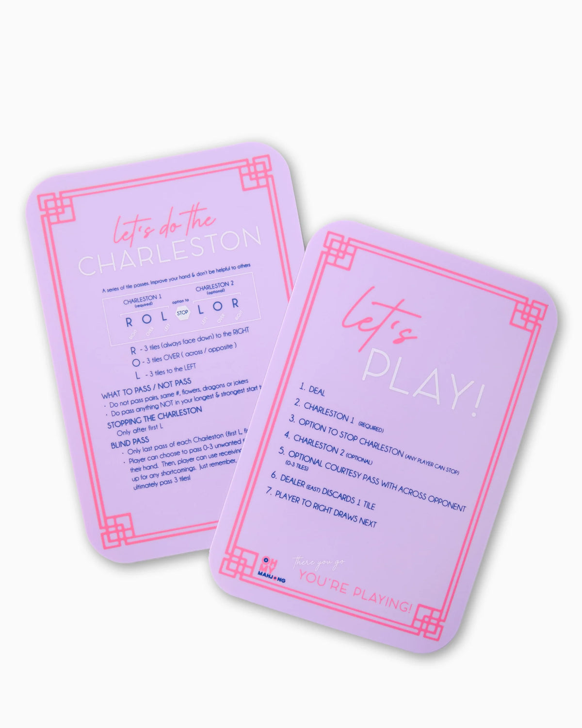 Two purple cards with text and branding on a white background