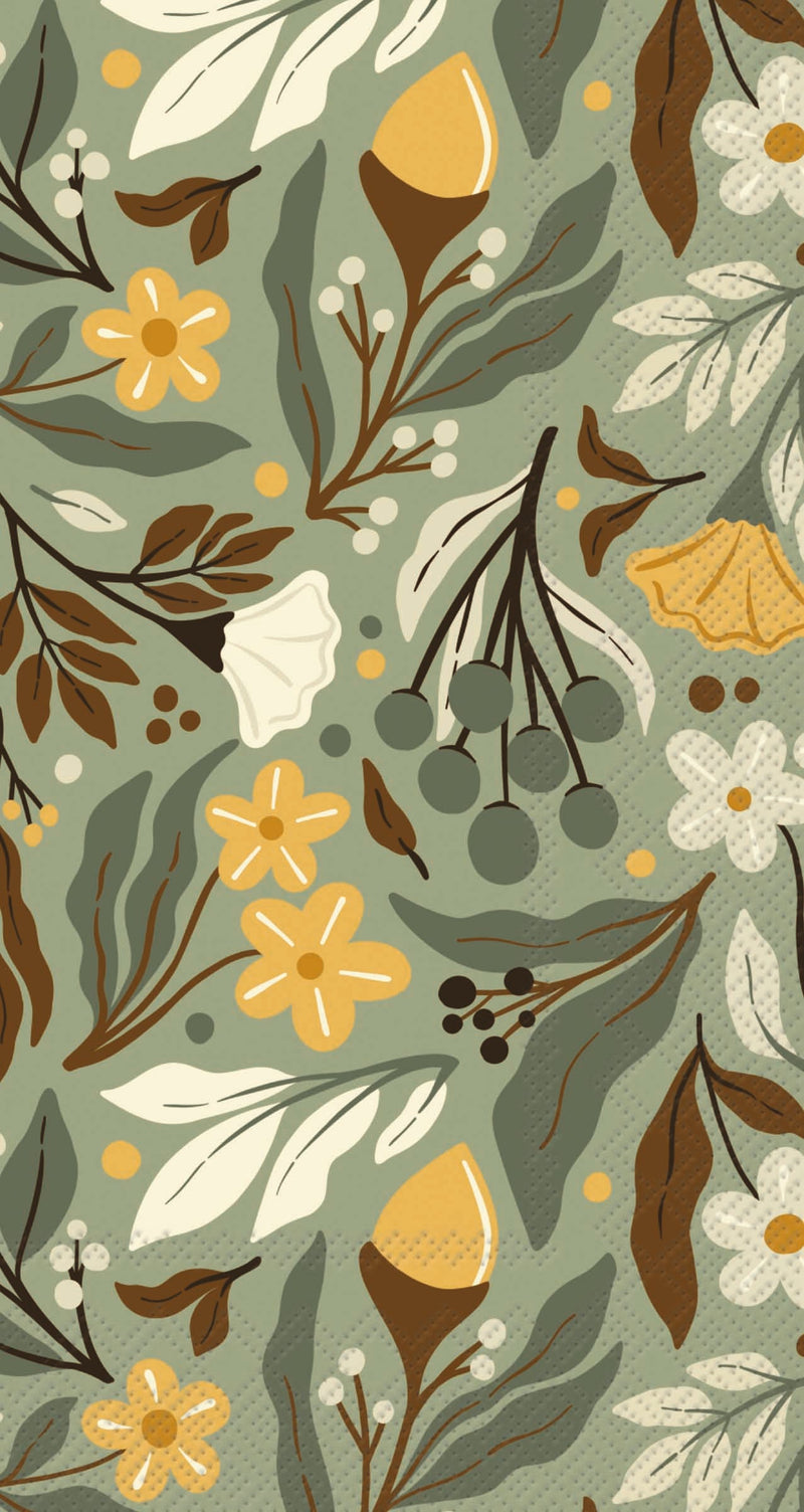 Guest napkin in colors of green, yellow, brown and white with a floral motif with acorns. 