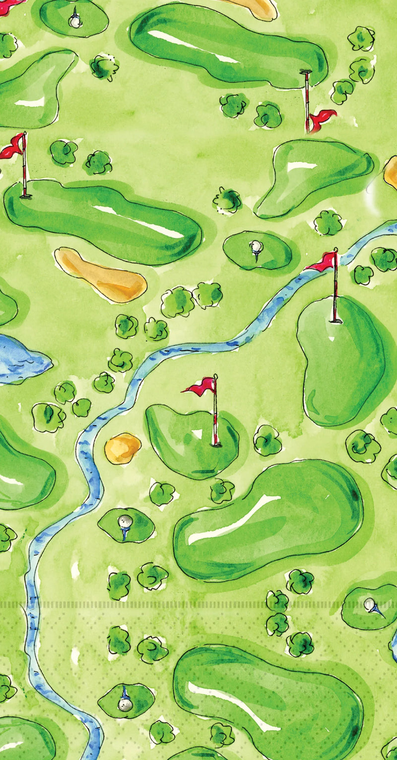 Illustration of a golf course layout with green fairways, water hazards, and flags.
