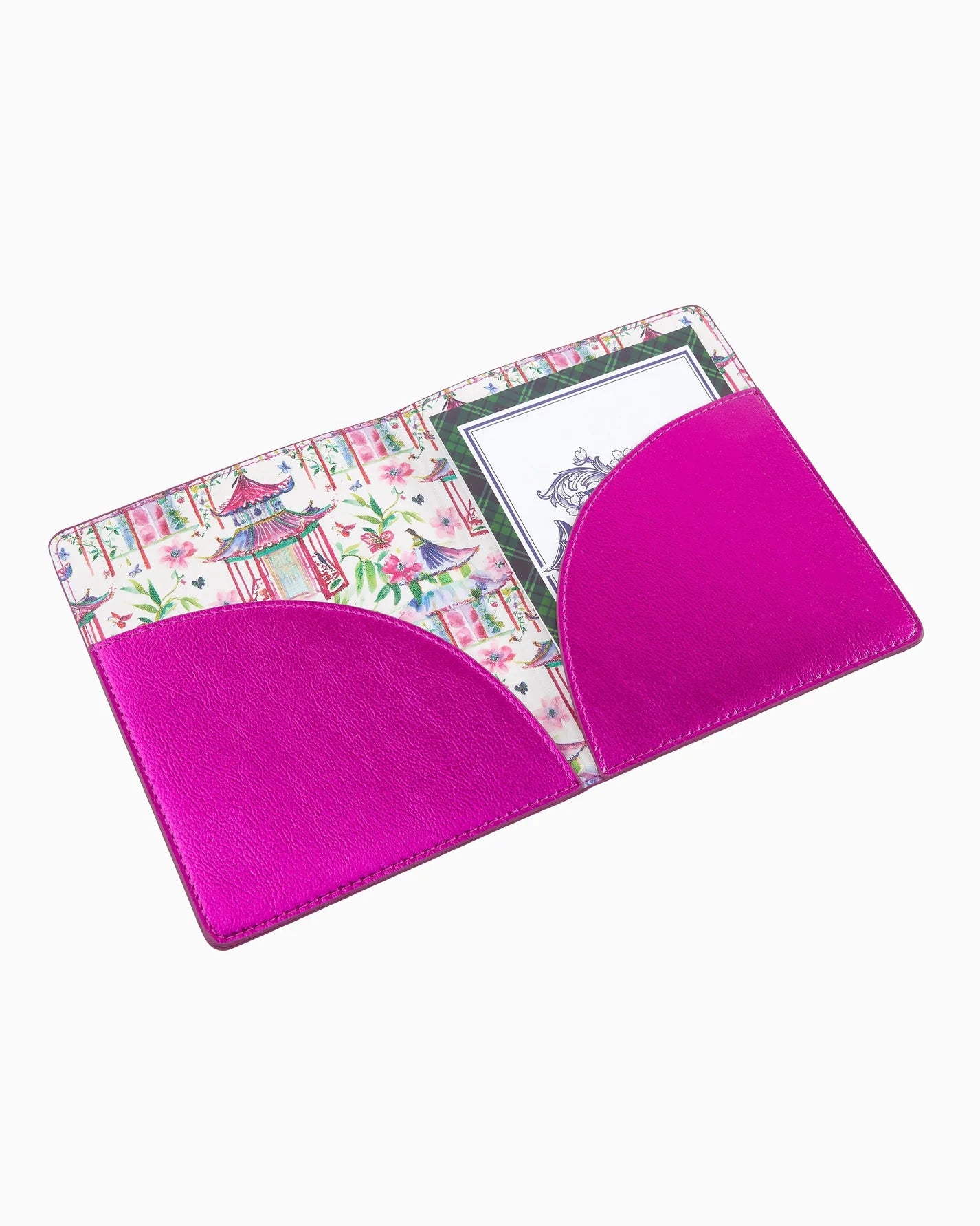 Hot pink metallic Mahjong card holder on a white background