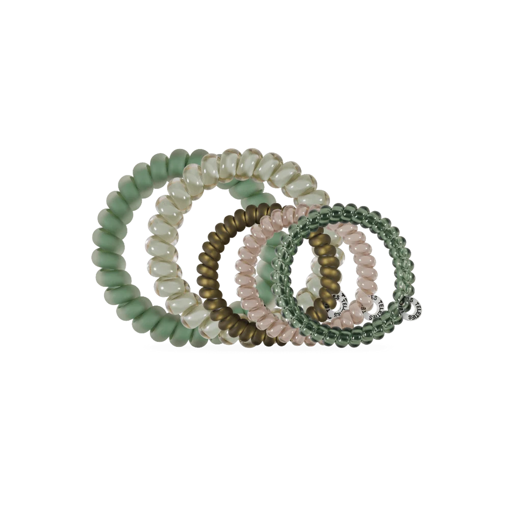 Five beaded hair extension coils in assorted pastel and earthy tones, including sage green, cream, olive, blush pink, and dark forest green, arranged in a fan shape on a plain white background.