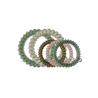 Five beaded hair extension coils in assorted pastel and earthy tones, including sage green, cream, olive, blush pink, and dark forest green, arranged in a fan shape on a plain white background.