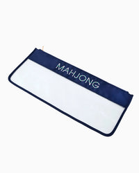 Navy blue and white pouch with 'MAHJONG' text on a white background