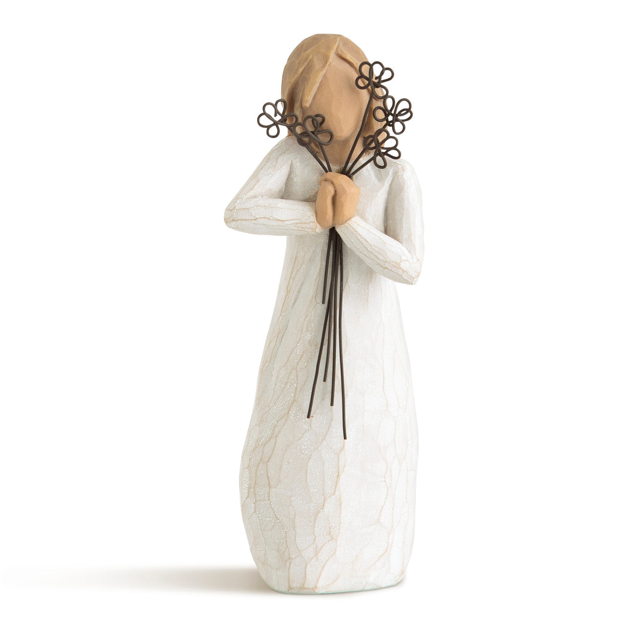 Statue of a person holding flowers on a white background