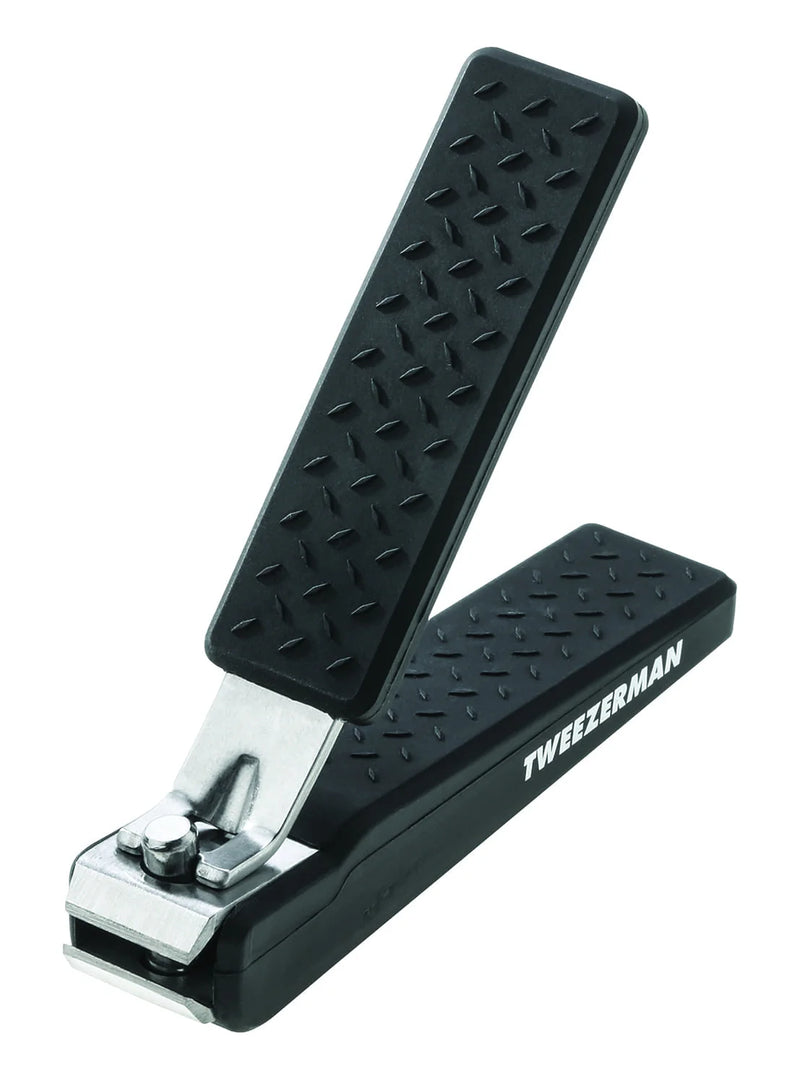 Black toe nail clipper with textured handle on a white background, branded 'Tweezerman'.