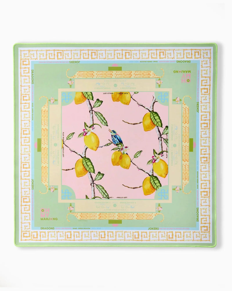 Decorative Neoprene Mat with lemon design on a pink background, framed by decorative border