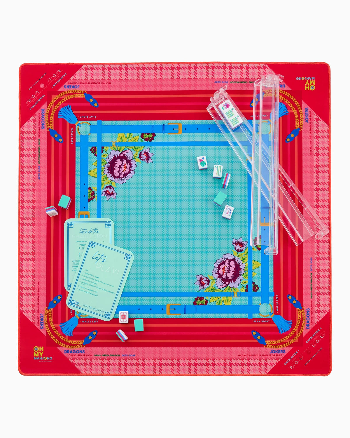 Colorful mahjong mat with cards and pieces on a red border