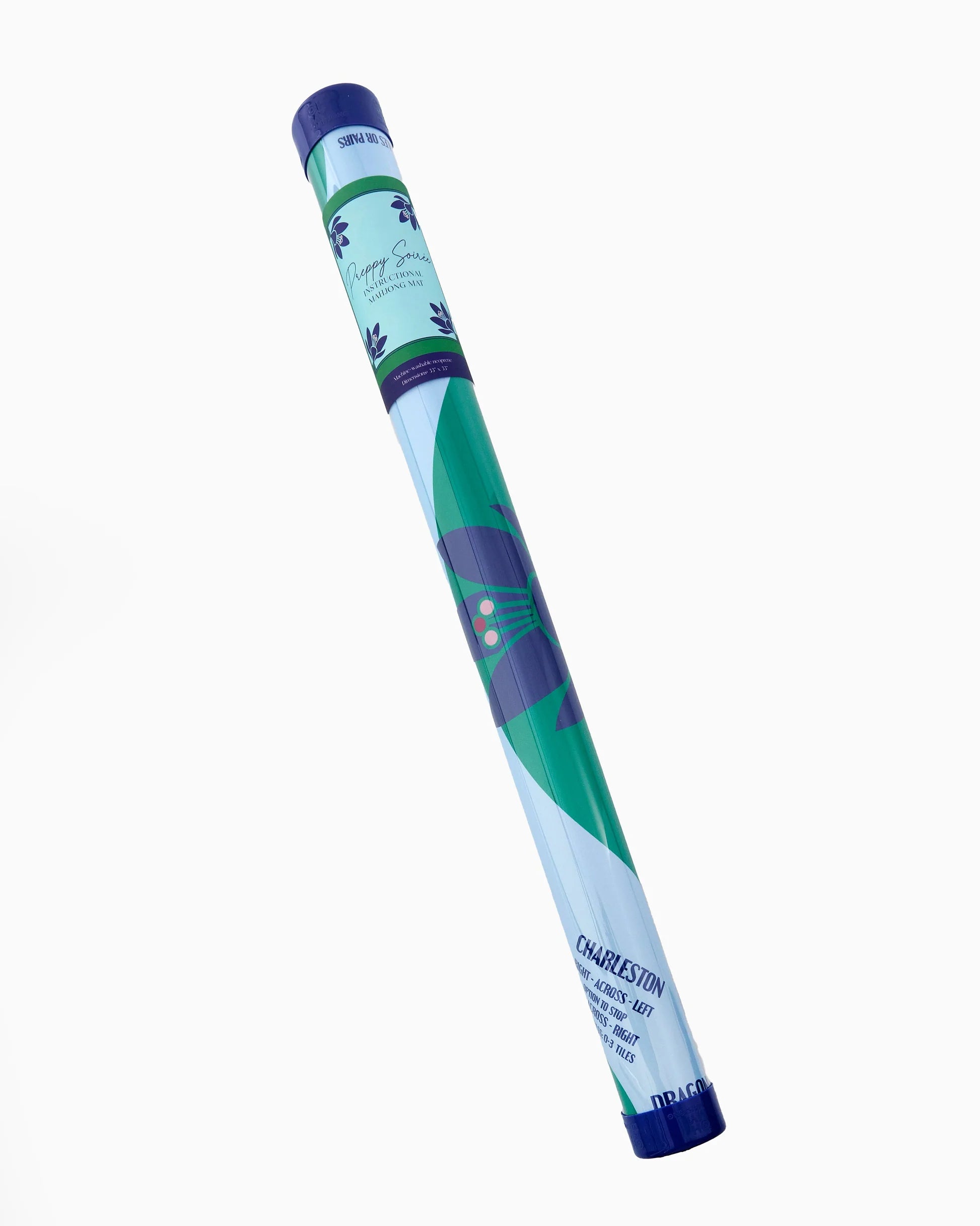 Mahjong Mat rolled in a clear tube on a white backgroundl