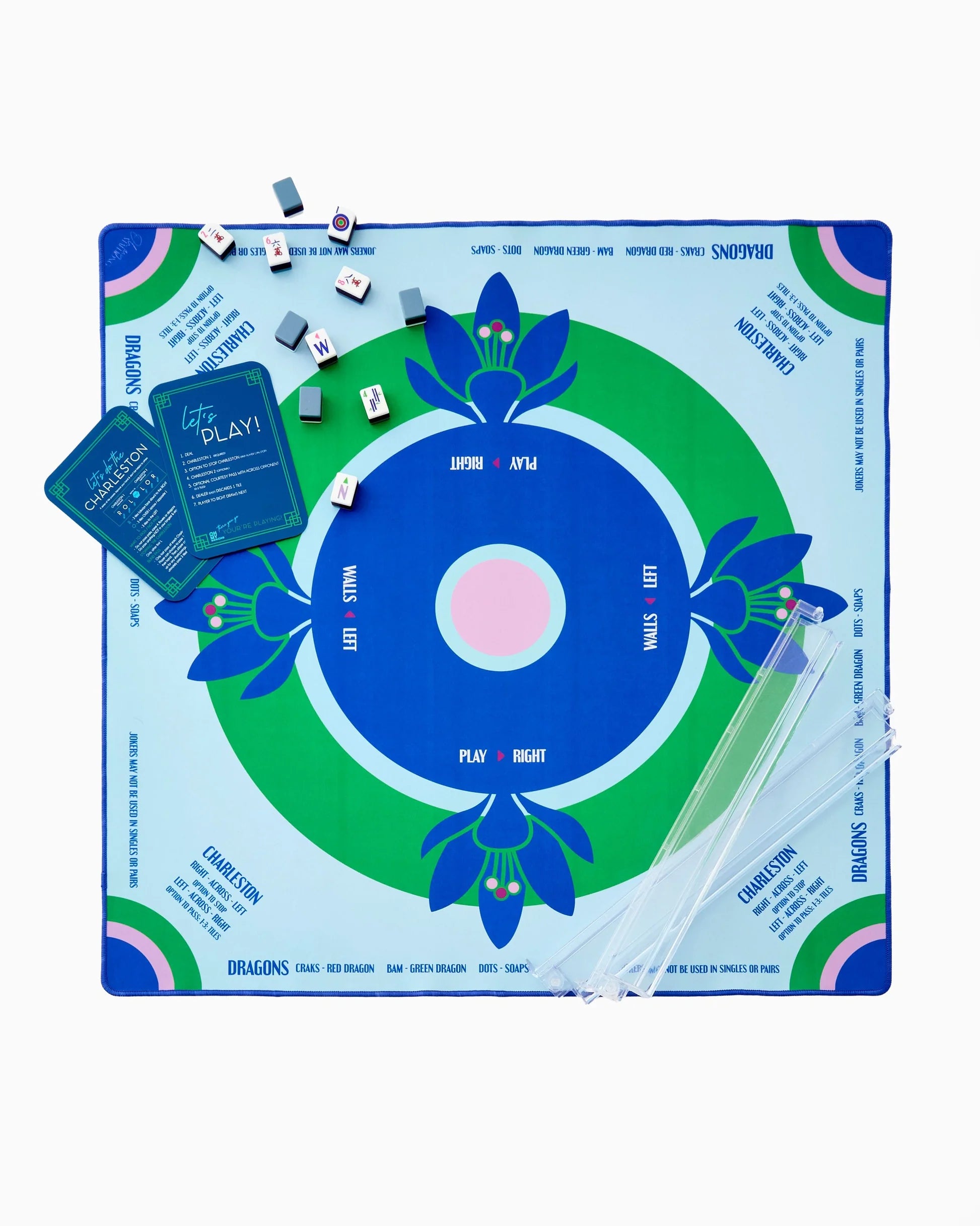 Mahjong Mat with decorative board and components on a white background
