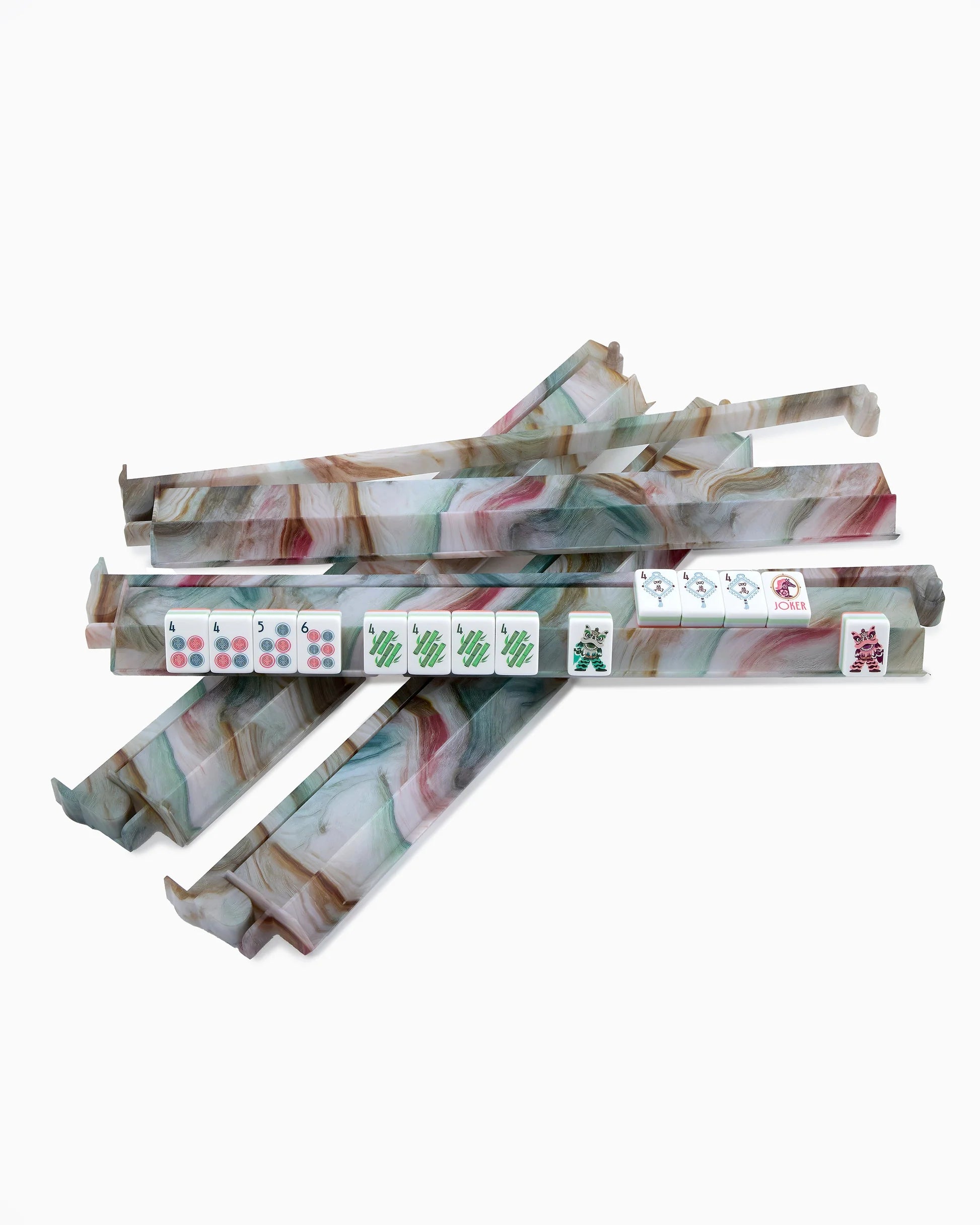 Stack of麻将 (mahjong) racks on a white background