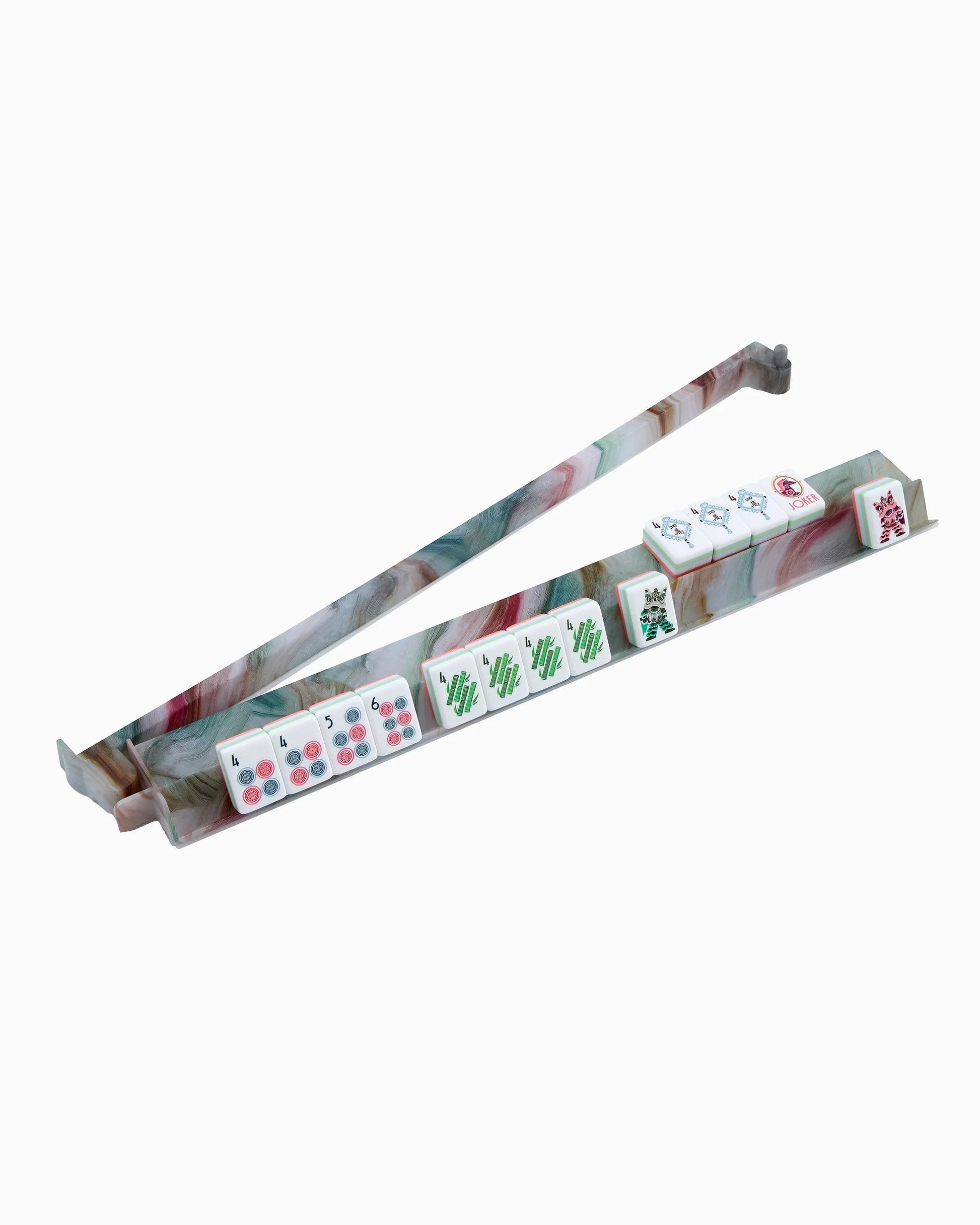 Marbled patterned mahjong racks on a white background